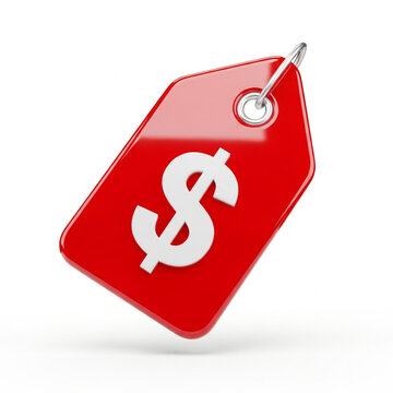 Red price tag with white dollar sign symbol isolated on white background