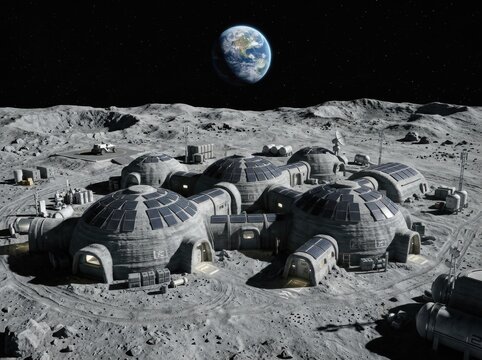 Futuristic moon base with 3d printed regolith habitats and solar panels