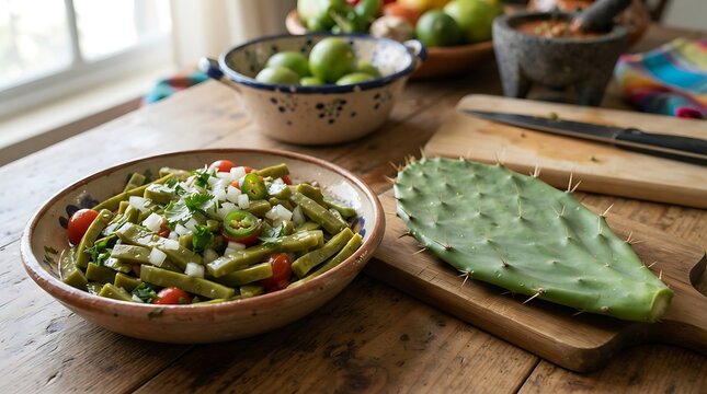 Nopalitos salad with tomatoes and onions served in a rustic bowl on a wooden table