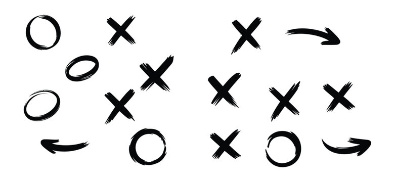 Hand drawn football plays vector illustration featuring soccer game strategy tactics with x and o scheme symbols and dashed arrows for coach chalkboard design.