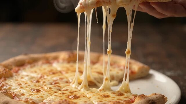 Hand Pulling Cheesy Pizza Slice With Stretchy Melted Cheese. Food commercial concept.