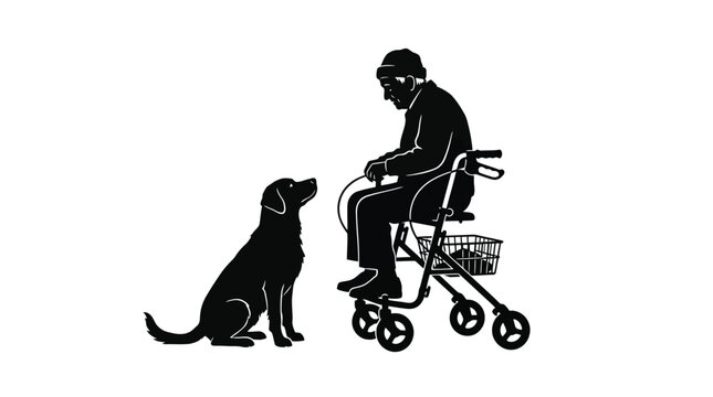 Elderly man using a mobility walker sitting with loyal dog in this black vector graphic illustration