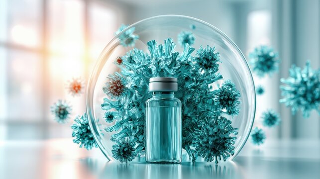 A vaccine vial protected by a transparent shield, surrounded by virus models symbolizing protection against infection.