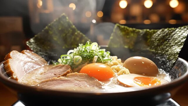 Fresh steaming ramen bowl with sliced chashu pork, raw egg yolk, marinated soft boiled egg, green onions, and nori seaweed in a dark restaurant with bokeh background lighting.