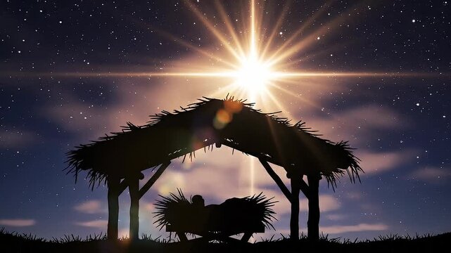 Silhouette of nativity scene with bright star shining above stable under night sky with stars