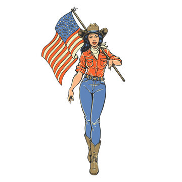 Western Cowgirl Walking with American Flag Retro Vector Character