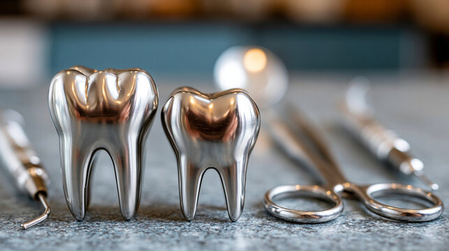 Dental tooth models and medical instruments on a textured surface with tooth model