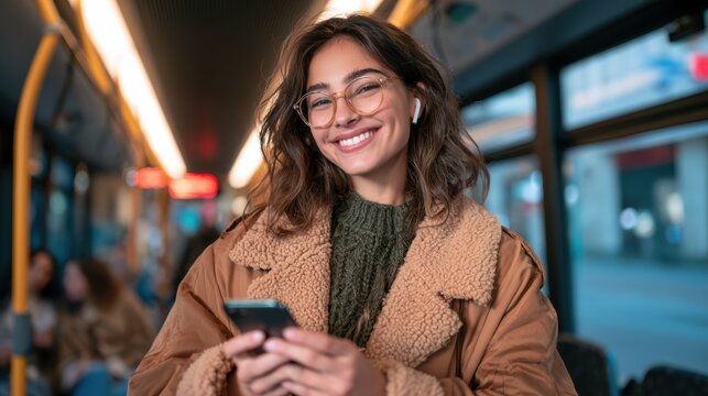 A young woman with glasses and earbuds smiles while using her smartphone on public transport, wearing a warm jacket and cozy sweater.