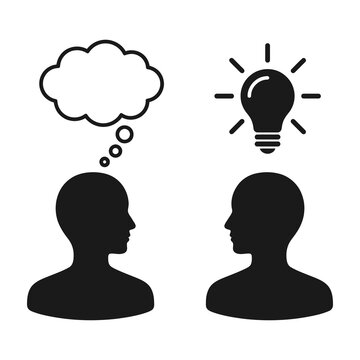 Thinking and Idea Generation Icons Featuring Two Human Silhouettes with Symbols