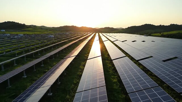 Aerial View of Large Solar Farm at Sunset