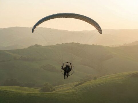 Electric paraglider with battery pack flying silently over misty hills