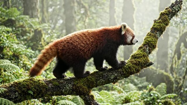Red panda walking on mossy tree branch in forest.