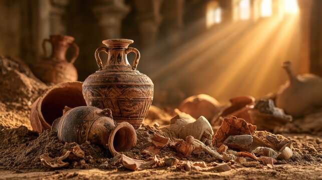 Ancient pottery shards and intact vases scattered on the dusty ground, illuminated by golden sunlight filtering through a historic, ruined building.