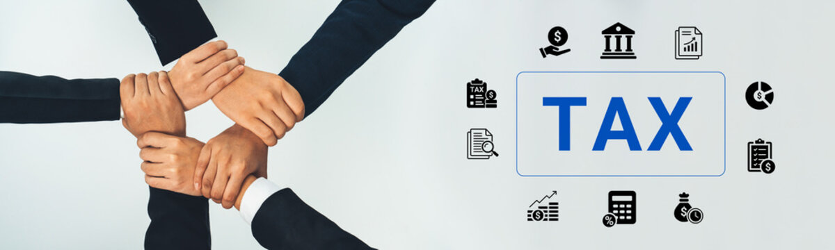 A visual representation of teamwork focused on tax concepts, showcasing hands together with related financial icons, emphasizing cooperation and professionalism in finance. Cyphers