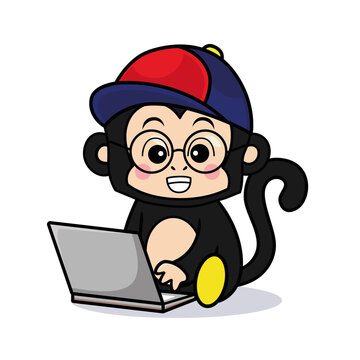 Cute cartoon monkey wearing glasses and a cap while working on a laptop computer, illustration for editorial use
