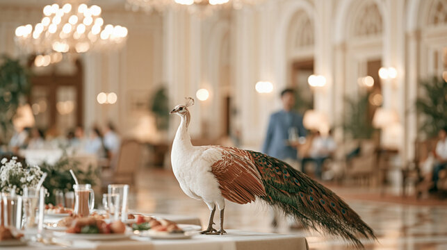 Peacock Standing In Elegant Restaurant Dining Hall

