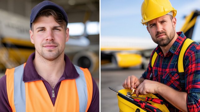 Airport ground crew and maintenance workers in safety gear stand in front of an airplane on the tarmac.