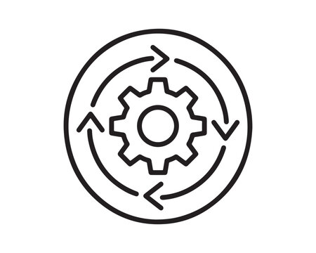 Gear wheel inside circular frame surrounded by rotating arrows line art icon