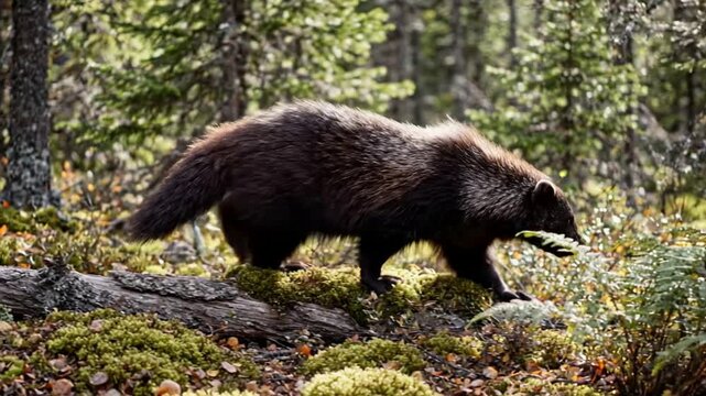 Wild wolverine walking through dense forest vegetation in natural habitat.