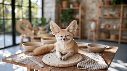 Obraz premium Fennec Fox Sitting At Dining Table In Cozy Home 