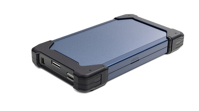 Rugged portable external hard drive and solid-state drive enclosure with protective rubber bumper corners on isolated white background