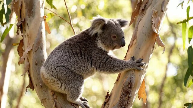 Close up of a koala climbing a eucalyptus tree in natural habitat.