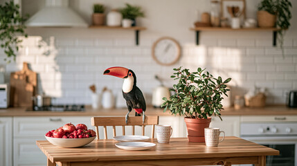 Fototapeta premium Toucan Perched On Kitchen Island Beside Potted Plant 