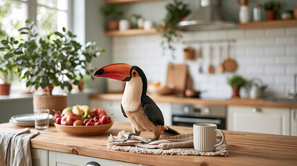 Fototapeta premium Colorful Toucan Perched On Table Inside Bright Kitchen 