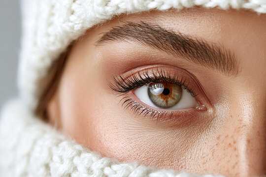 Close up of woman eye wearing a winter hat and scarf with winter clothing green eye macro eye
