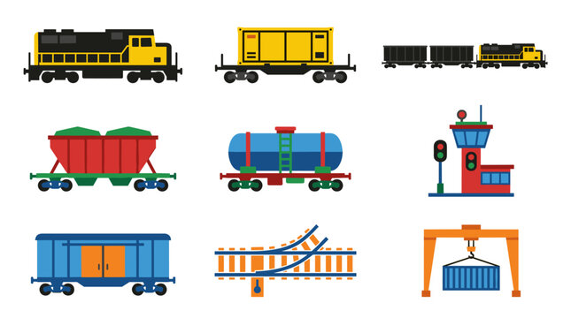 Flat design vector icon set of railway transportation elements including trains, wagons, tracks, and control tower