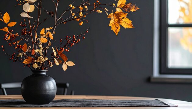 Autumn Floral Arrangement in Black Ceramic Vase on Wooden Table Harvest Decor Concept