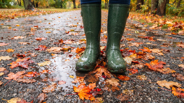 Green rubber boots standing on wet autumn path with fallen leaves.