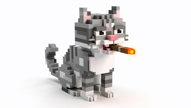 3D voxel rendering of a grey tabby cat smoking a glowing cigar on white background, perfect for game design, digital art and retro gaming content