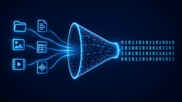 Digital data funnel filtering multimedia document and media files into streamlined binary code for network processing and storage