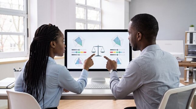 Colleagues comparing options using balance scale data visualization