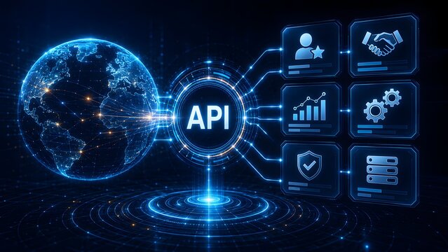 Global API connection routing digital data from earth globe to business management interface and cybersecurity server systems