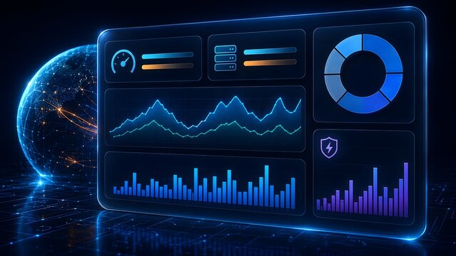 Digital business dashboard displaying financial data analytics chart progress graph and global market network statistics