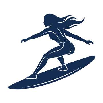 Woman surfing on wave with long hair flowing, active female surfer in motion