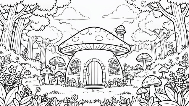Black and white outline illustration of a fairy tale mushroom house in a forest, perfect for coloring books, kids activities and creative crafts