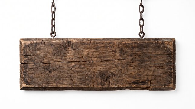 Old rustic wooden sign hanging on metal chains