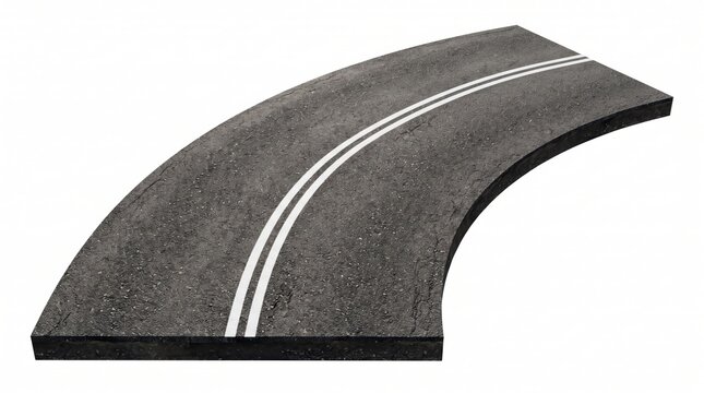 Curved asphalt road section with double white lines on the pavement