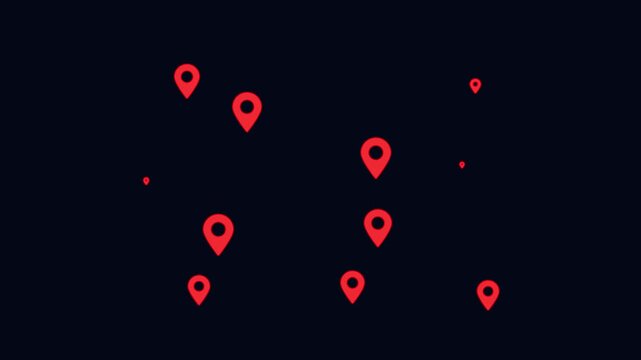 multiple red location pins animation gps pointers map markers dark background motion graphic element seamless looping video asset 3840x2160 resolution 4k
