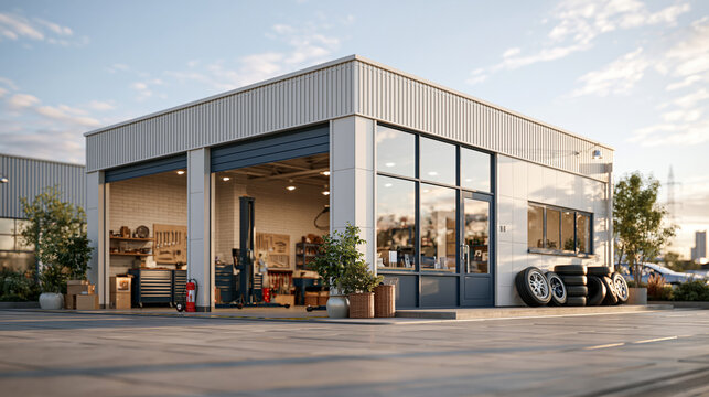 Modern Tire Shop With Glass Service Bays At Sunset
