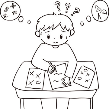 勉強が分からない子どものイラストモノクロ