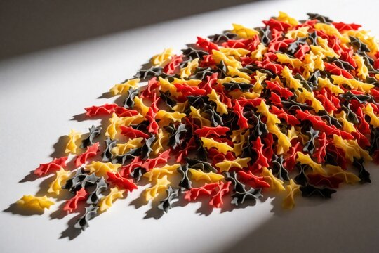 Colorful Ortolana Creste di Gallo pasta pile. Uncooked Italian ingredients lay on white background with dramatic light. Food for cooking healthy meals.