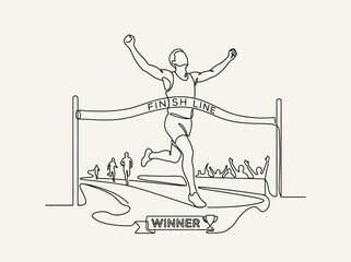 Obraz premium Triumphant Runner Crosses Finish Line Celebrating Victory With Arms Raised High