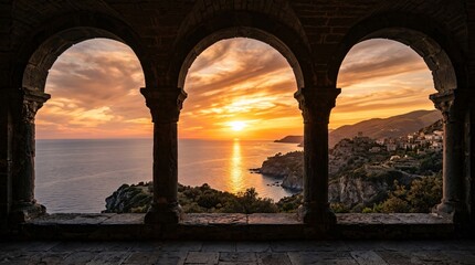 Fototapeta premium Majestic ocean sunset with vibrant orange and purple sky viewed through old stone coastal arches.