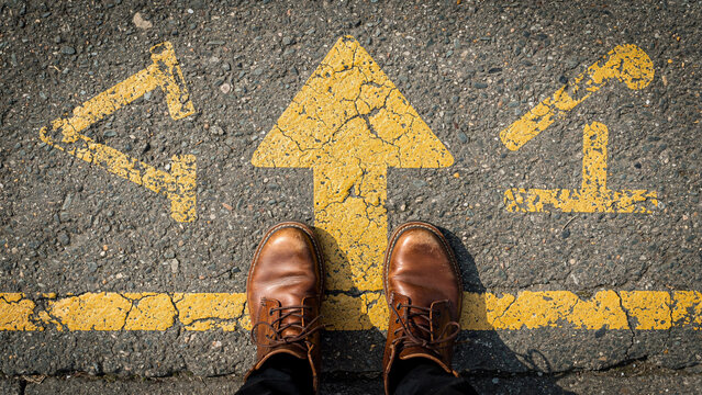 Brown boots on asphalt with yellow directional arrows, top view, concept for career choice, life path and business decision making