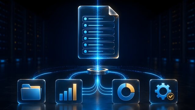 Holographic digital document sorting data into categorical folders and analytical charts representing automated file processing