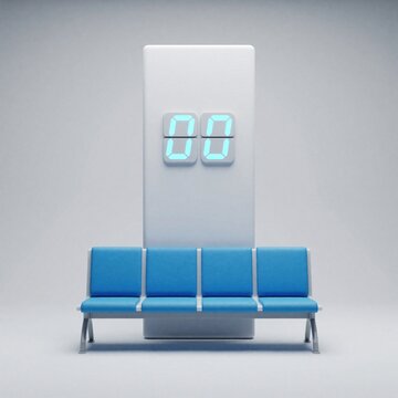 Modern minimalist waiting area features four empty blue seats facing large white panel with glowing digital timer displaying zero. Clean, sterile space suggests anticipation and start of something.